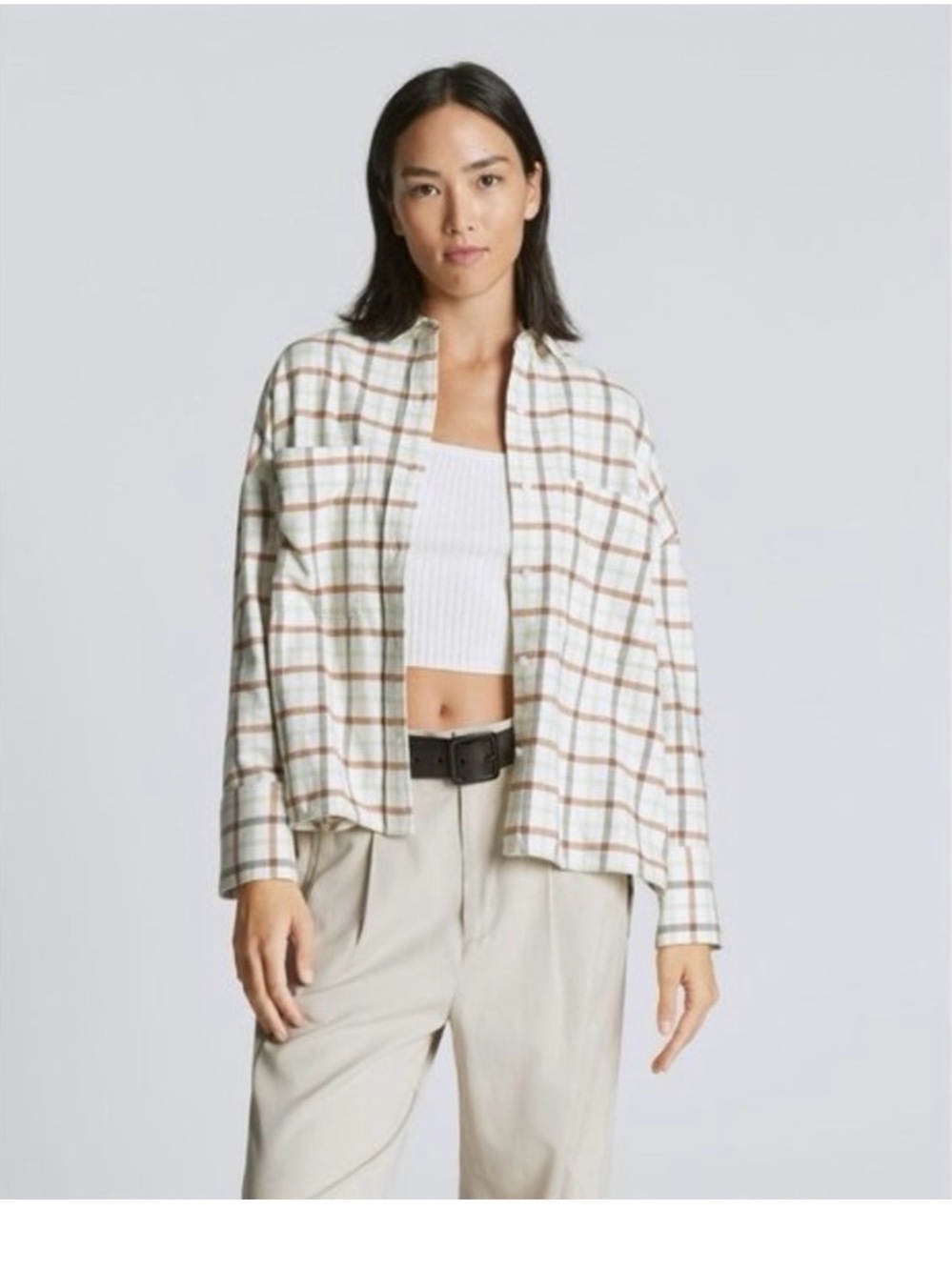 Everlane White Plaid Jean Jacket with Brown Grid